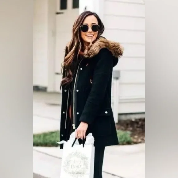 J. CREW Chateau Parka Wool Faux Fur Coat, Size 6 Black Stadium Cloth Nello Gori - Picture 2 of 10